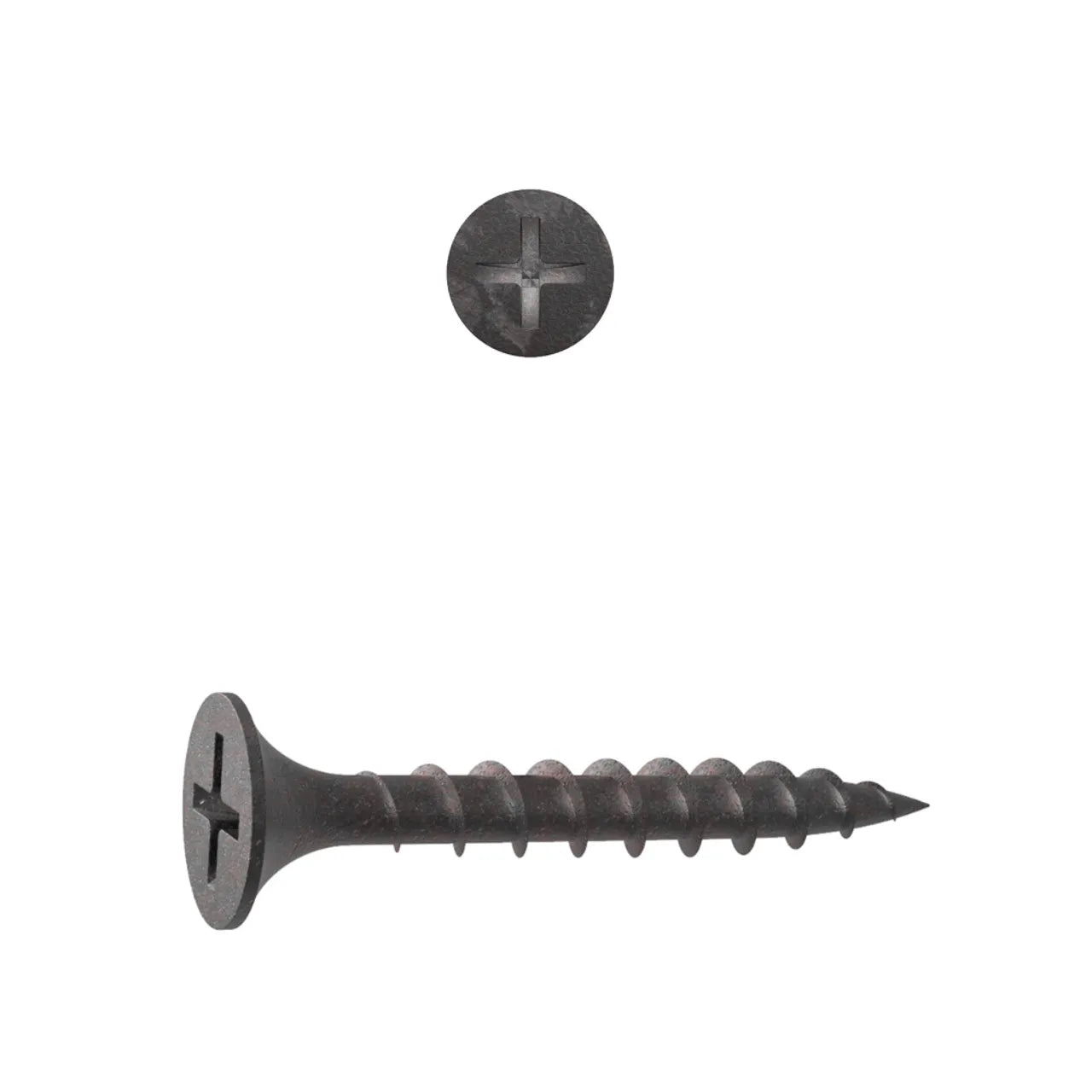 Close-up image of a single Go Build #6 x 1-1/4 in. flat head drive coarse drywall screw with a Phillips head. Positioned horizontally, the dark-colored screw is shown on a plain white background with its separate flat head above it.