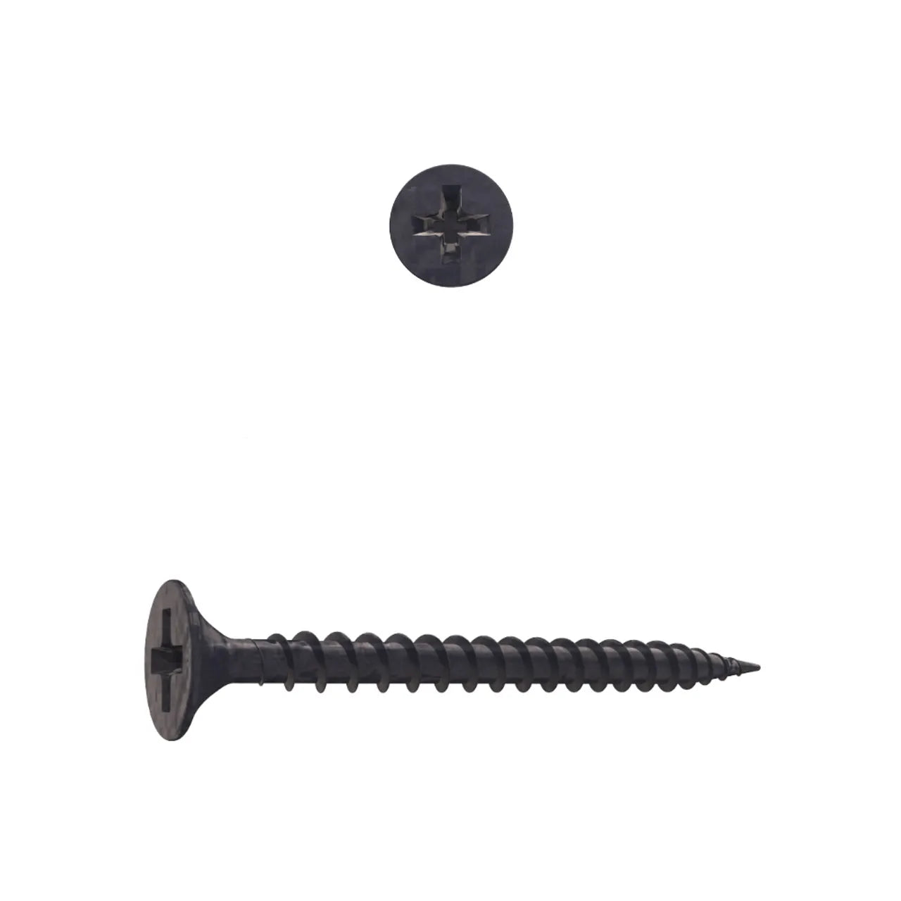 The Go Build #6 x 1-1/4 in. fine drywall screws feature a black flat Phillips head and threaded shank with a pointed tip ideal for light gauge steel studs. From above, see the cross-shaped groove on its head set against a white background.