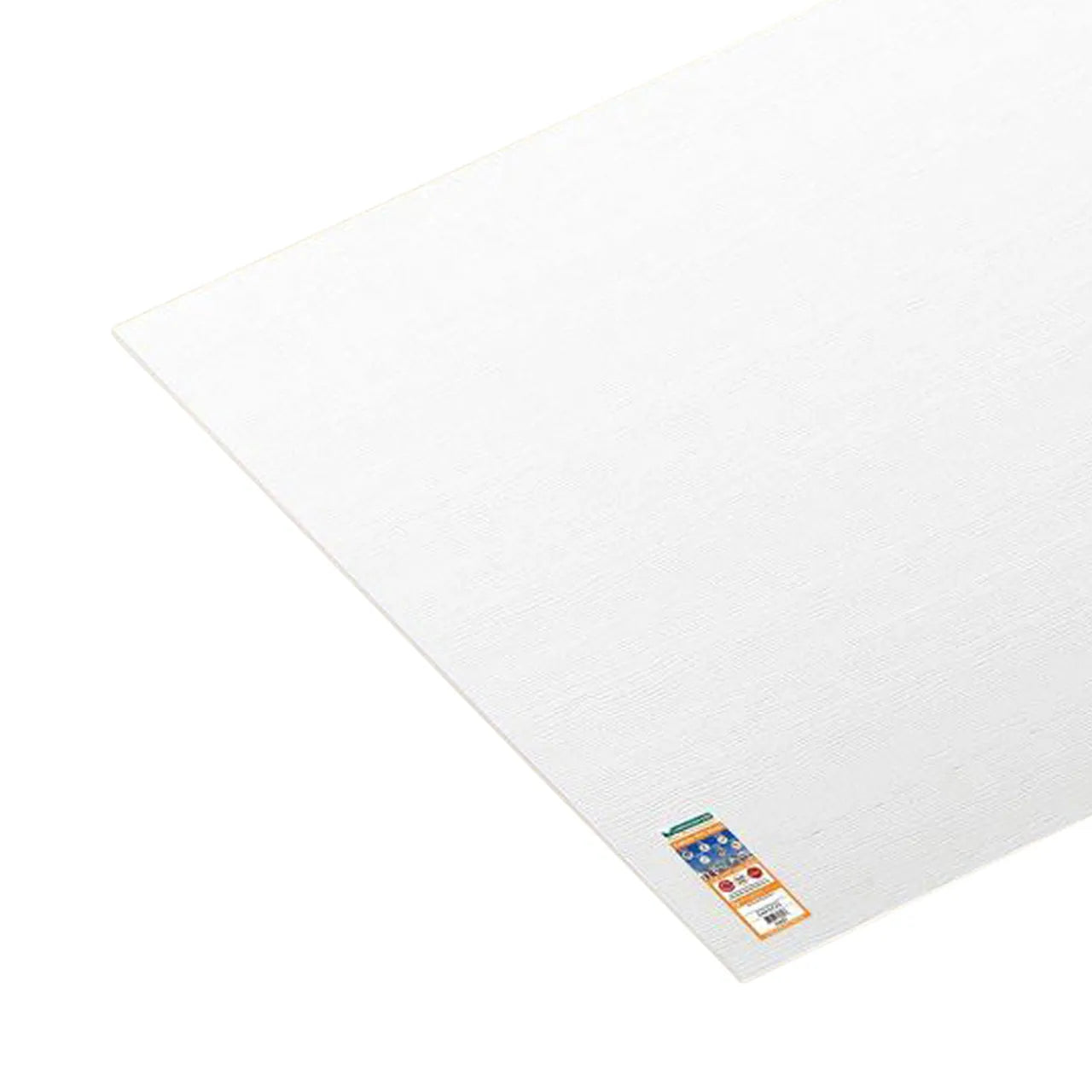 A 1/4 in. x 4 ft. x 8 ft. PVC Sheet - White by Go Build is angled against a white background, with its color label of small icons and text indicating moisture-resistance.