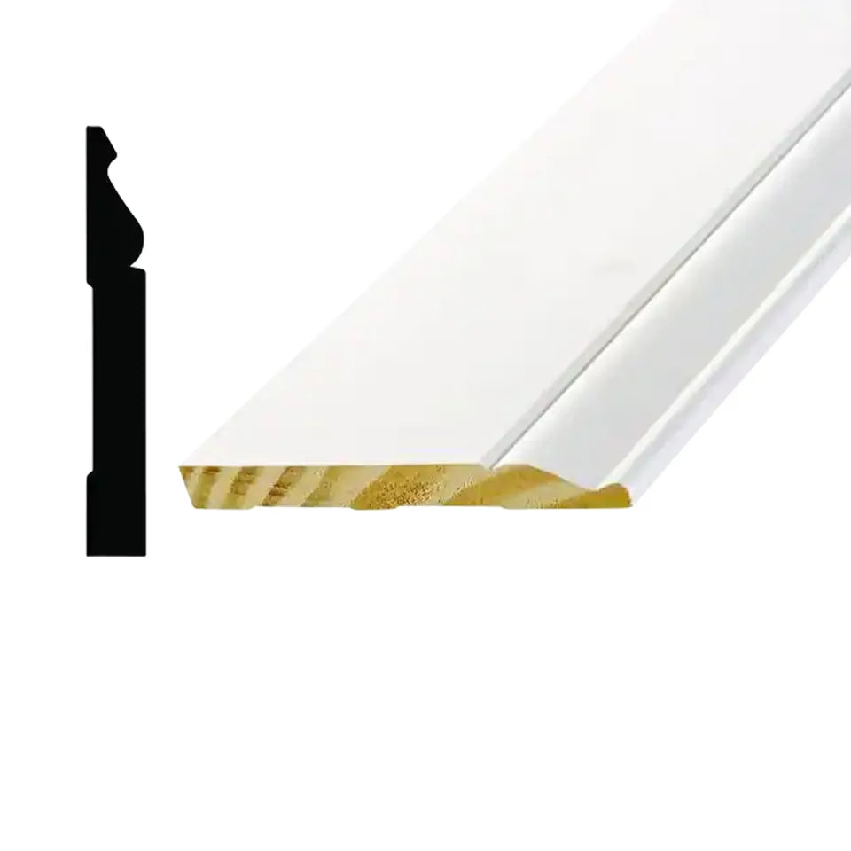 9/16 in. x 5-1/4 in. x 8 ft.. Primed White Finger-Jointed Poplar Wood Baseboard Moulding