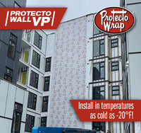 A building under construction is partially covered with PROTECTO Wall VP Water Resistive Barrier by Protecto Wrap, ensuring durability. The material, featuring the brands logo, can be installed in temperatures as low as -20°F.