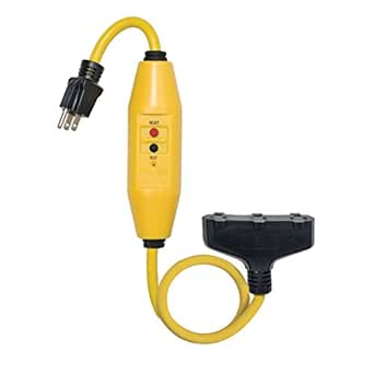 The TOWER MANUFACTURING 30438024 Auto-Reset 15 AMP Inline GFCI Triple Tap Cord is a 2 ft. yellow, heavy-duty electrical cord featuring a male plug, three-outlet female adapter, Auto-Reset technology, and a built-in circuit breaker with test and reset buttons for enhanced safety.