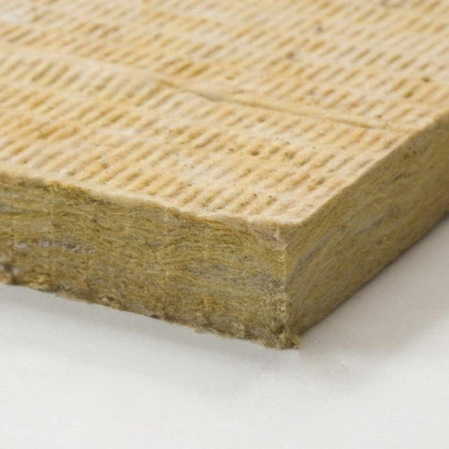 Close-up of a rectangular piece of Go Build R15 Thermafiber Fire and Sound Guard 15 in. x 47 in. Mineral Wool Insulation Batt, showcasing its textured surface and layered composition. The beige, fibrous material is ideal for comprehensive protection.