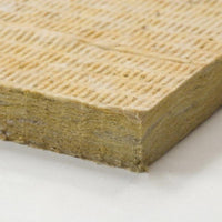 Close-up of a rectangular piece of Go Build R15 Thermafiber Fire and Sound Guard 15 in. x 47 in. Mineral Wool Insulation Batt, showcasing its textured surface and layered composition. The beige, fibrous material is ideal for comprehensive protection.