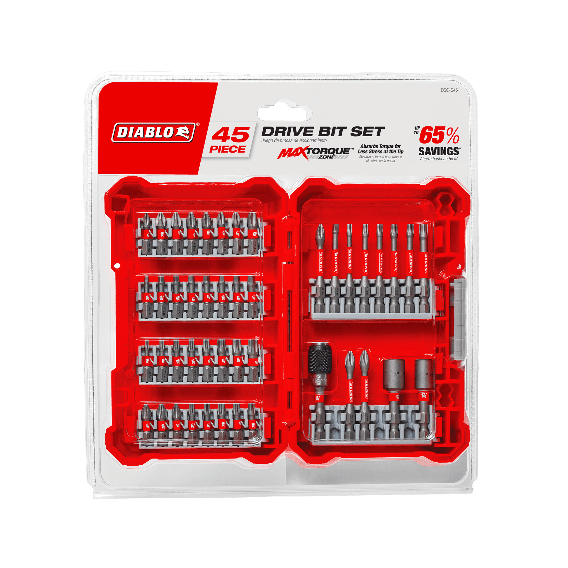 The Diablo DIABLO DSC-S45 45-Piece Screwdriving Set packaging displays a collection of drill bits and attachments in a red plastic organizer. MaxTorque is featured with 65% savings and enhanced impact resistance, highlighted in bold black and red text on a white background.