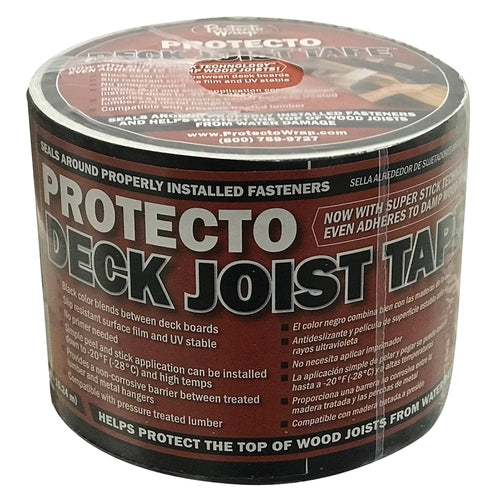 The Protecto Wrap Deck Joist Flashing Tape features a red label with Super Stick Technology for dependable moisture protection, designed to protect wood from water damage. It offers easy application and robust adhesion, even on damp surfaces.