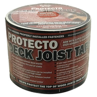 The Protecto Wrap Deck Joist Flashing Tape features a red label with Super Stick Technology for dependable moisture protection, designed to protect wood from water damage. It offers easy application and robust adhesion, even on damp surfaces.