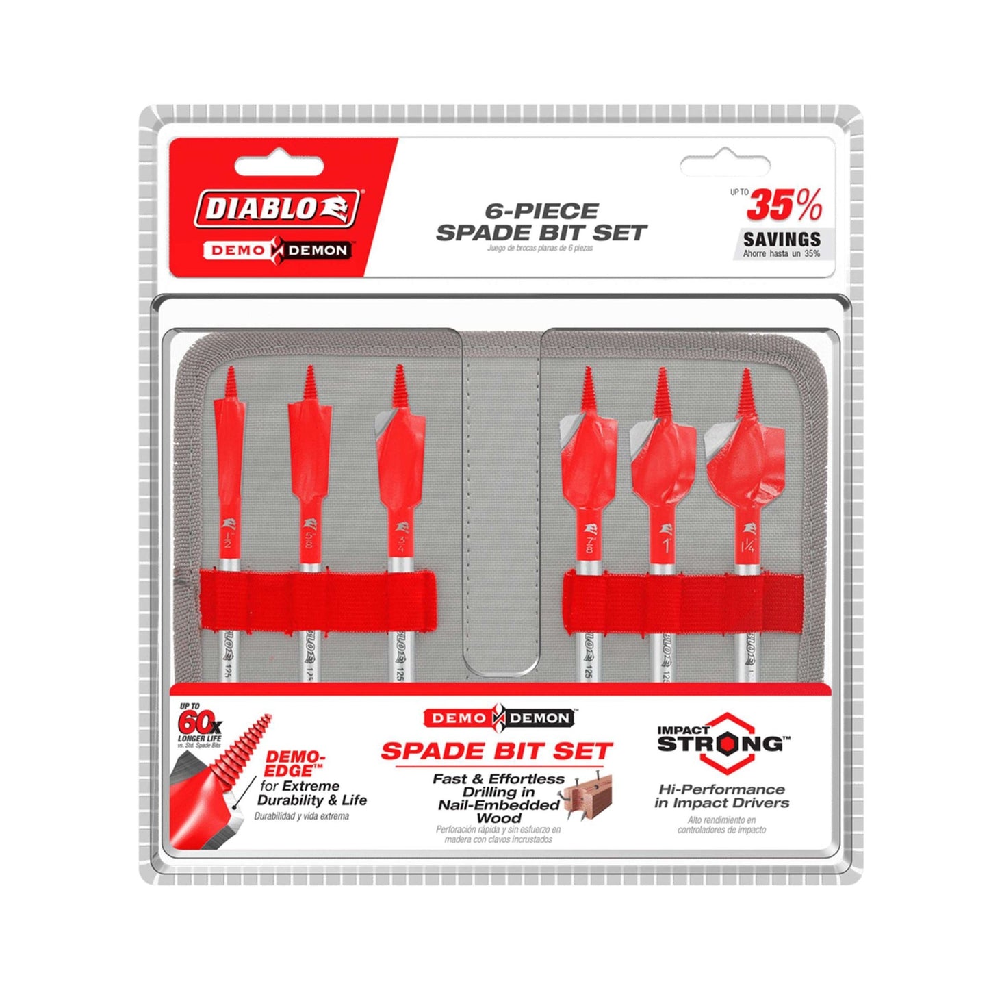 The DIABLO DSPD4920-S6 6-Piece Demo Demon™ Spade Bit Set from Diablo features DEMO-Edge technology and Dura-Tip durability. Packaged in a molded plastic container with branded cardboard backing, the blister pack includes six red spade bits designed for nail-embedded wood.