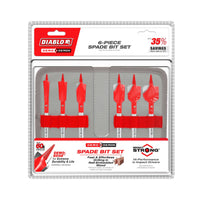 The DIABLO DSPD4920-S6 6-Piece Demo Demon™ Spade Bit Set from Diablo features DEMO-Edge technology and Dura-Tip durability. Packaged in a molded plastic container with branded cardboard backing, the blister pack includes six red spade bits designed for nail-embedded wood.