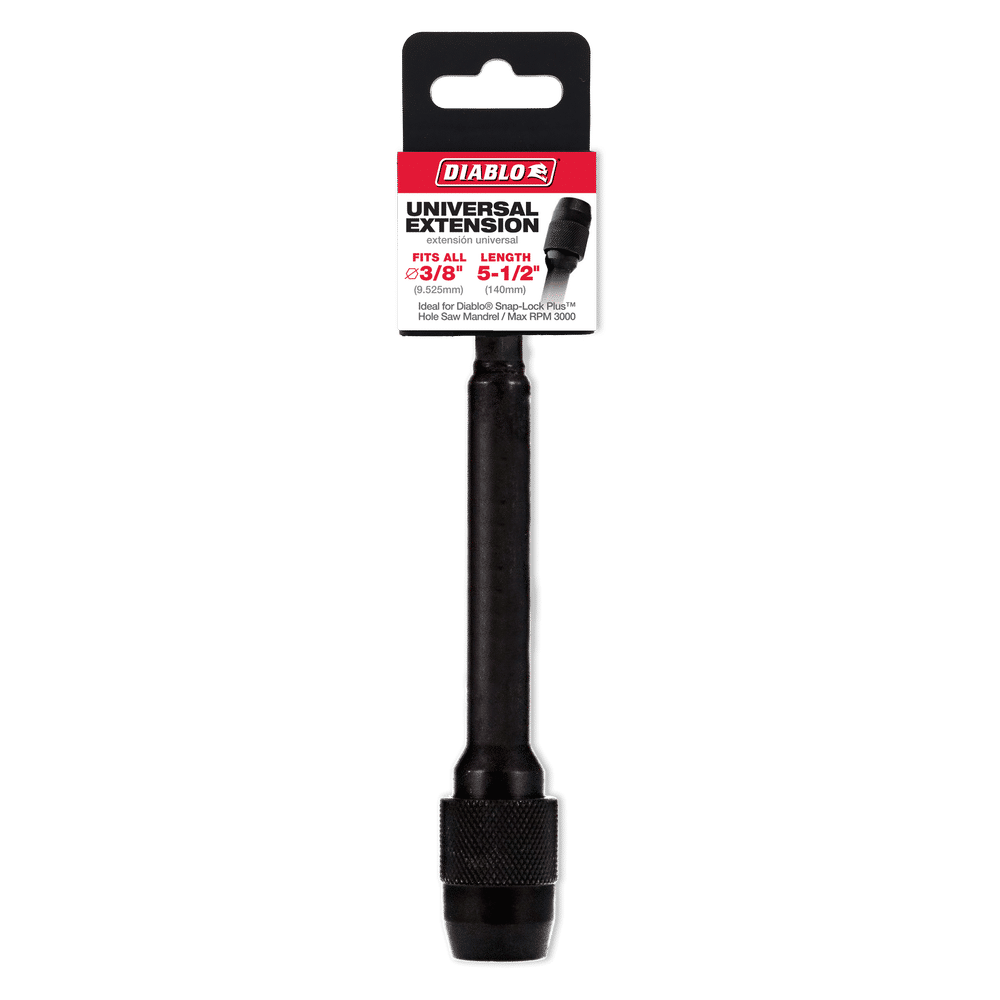 The DIABLO DHS375XT6 Universal Extension for Drills, featuring a Quick-Change Feature, measures 5-1/2 in. x 3/8 in. Its packaging displays the Diablo brand and specifications against a white background.