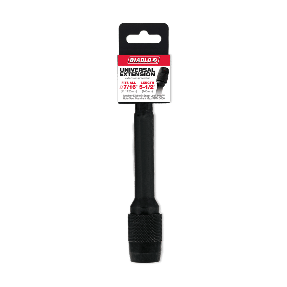 Image of the DIABLO DHS500XT6 Universal Extension for Drills, 5-1/2 in. x 7/16 in., with a quick-change feature and textured grip. This black tool fits all brands, extends guide lock spindles, and enhances usability in various applications.