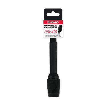 Image of the DIABLO DHS500XT6 Universal Extension for Drills, 5-1/2 in. x 7/16 in., with a quick-change feature and textured grip. This black tool fits all brands, extends guide lock spindles, and enhances usability in various applications.