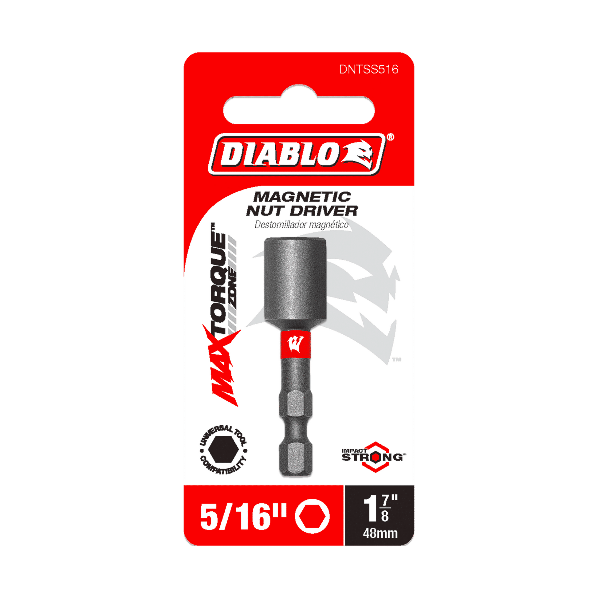 The packaging for the DIABLO DNTSS516 5/16 in. x 1-7/8 in. Magnetic Nut Driver features the Impact Strong™ logo and MAXTORQUE technology. It is designed with a red, white, and black color scheme and a hexagonal driver image.