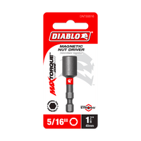 The packaging for the DIABLO DNTSS516 5/16 in. x 1-7/8 in. Magnetic Nut Driver features the Impact Strong™ logo and MAXTORQUE technology. It is designed with a red, white, and black color scheme and a hexagonal driver image.