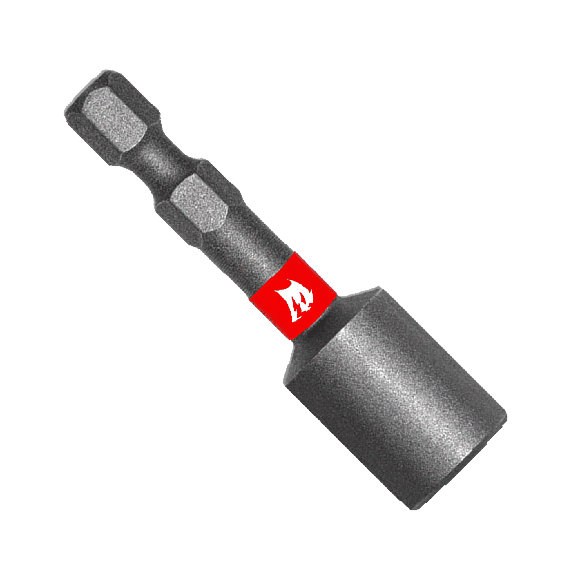 A close-up of the metallic Diablo DIABLO DNTSS516 5/16 in. x 1-7/8 in. Magnetic Nut Driver shows its red-banded base on a green background. With an Impact Strong™ design, it features a textured surface and hexagonal shaft for power drills or screwdrivers.