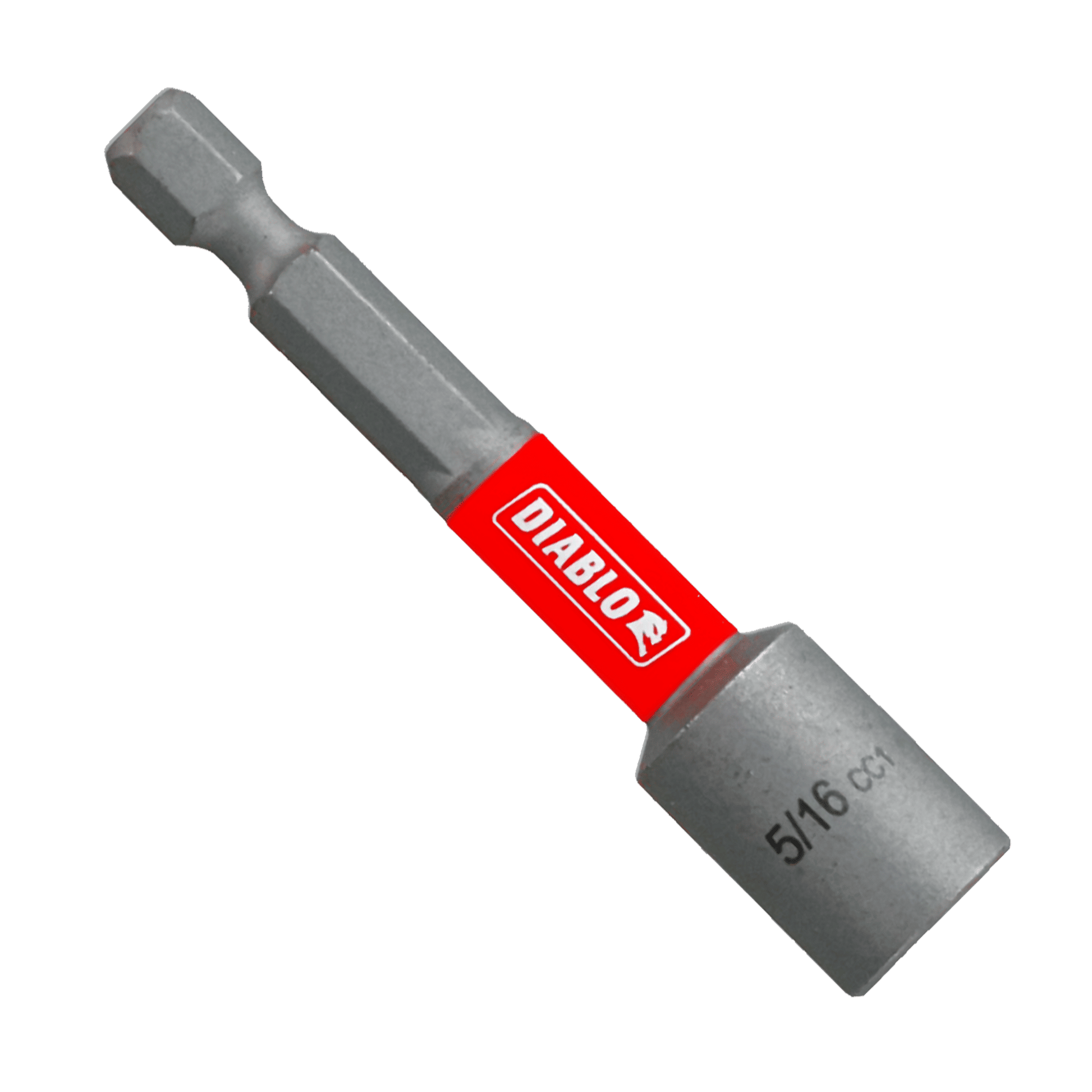 The DIABLO DNTSL516 5/16 in x 2-9/16 in. Magnetic Nut Driver features a metallic finish and a red Diablo label, providing excellent torque resistance for tough jobs.