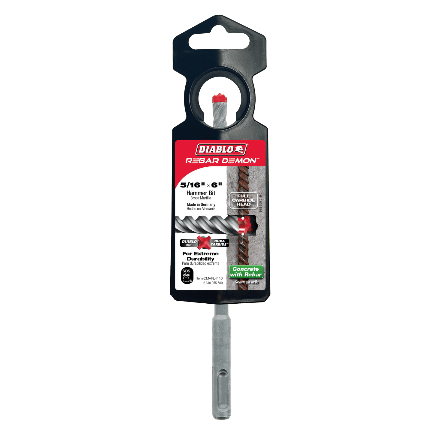 The DIABLO DMAPL4110 5/16 in. x 4 in. x 6 in. Rebar Demon™ SDS-Plus hammer bit features a full-carbide head for durability, ideal for drilling concrete with rebar, and a package with clear sections showcasing its compatibility with SDS-Plus systems.