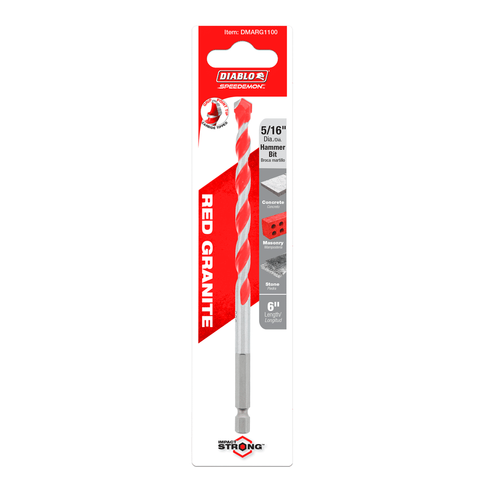 The image displays the packaging for a Diablo DIABLO DMARG1100 5/16 x 4 x 6 SPEEDemon™ Red Granite Carbide-Tipped Hammer Drill Bit with Impact Strong™ carbide tip, ideal for tile, concrete, and masonry. The red and white design has a vertical format with a 6 length label.