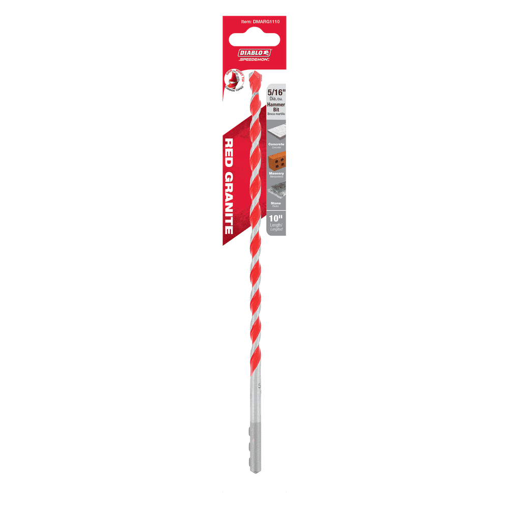 The DIABLO DMARG1110 SPEEDemon™ 5/16 in. x 8 in. x 10 in. Red Granite Carbide-Tipped Hammer Drill Bit by Diablo, featuring a red eagle logo, is ideal for precision masonry drilling and comes packaged on a white background.