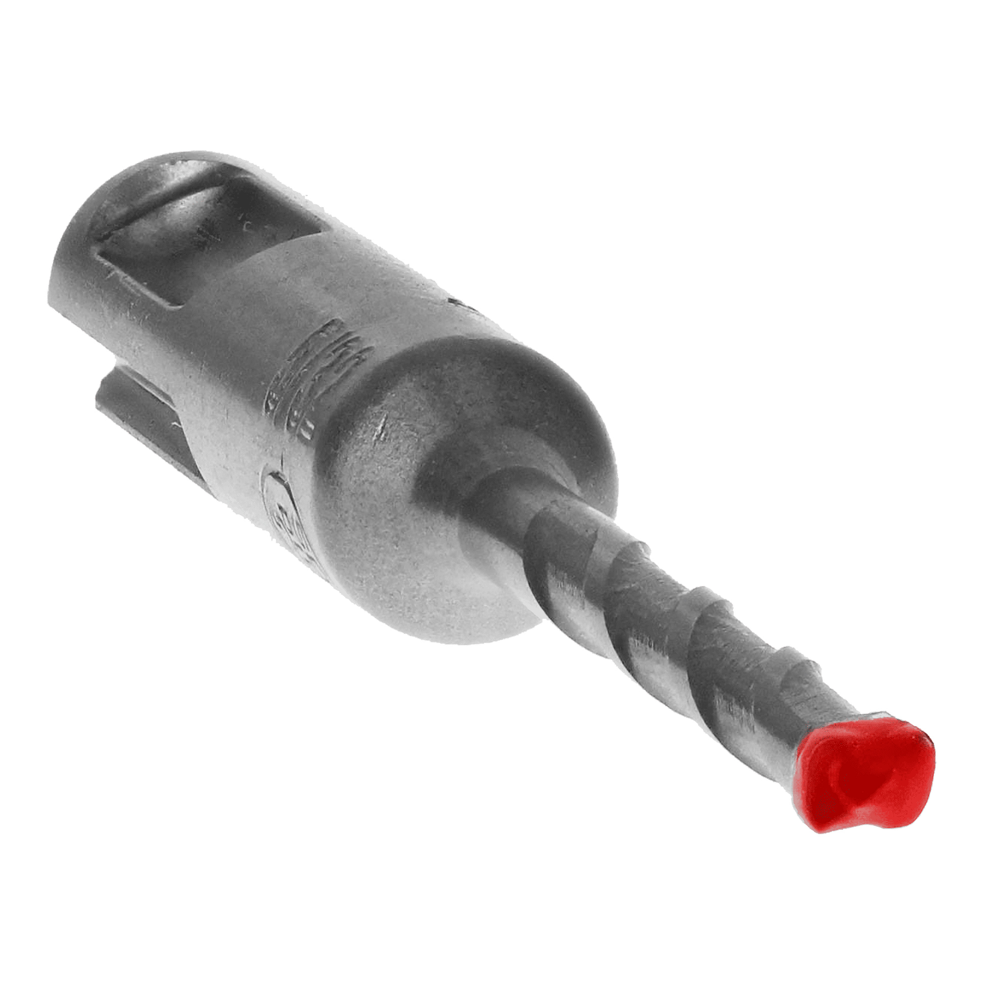 The DIABLO DMAPL4010 Rebar Demon™ SDS-Plus drill bit, featuring a gray spiral groove design, is protected by a red plastic tip. Made with Dura-Carbide and a 4-cutter full-carbide head, it ensures durability. Its notched cylindrical body is angled upward on a transparent background.