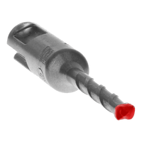 The DIABLO DMAPL4010 Rebar Demon™ SDS-Plus drill bit, featuring a gray spiral groove design, is protected by a red plastic tip. Made with Dura-Carbide and a 4-cutter full-carbide head, it ensures durability. Its notched cylindrical body is angled upward on a transparent background.