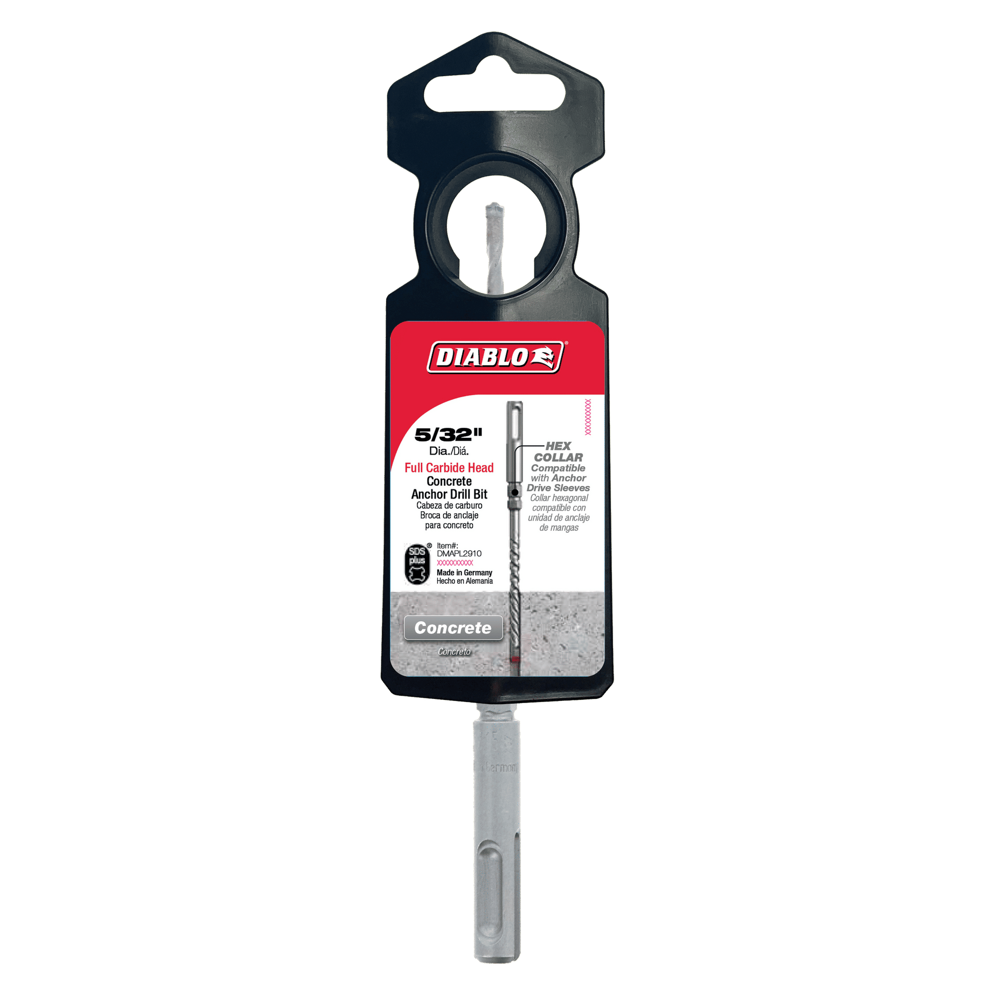 The DIABLO DMAPL2910 5/32 in. x 3-1/2 in. x 6 in. drill bit by Diablo features a full-carbide head, advanced Tri-Metal Diffusion Bonding for enhanced durability, and comes in sleek red and black packaging with a handy hanging hole for easy storage.