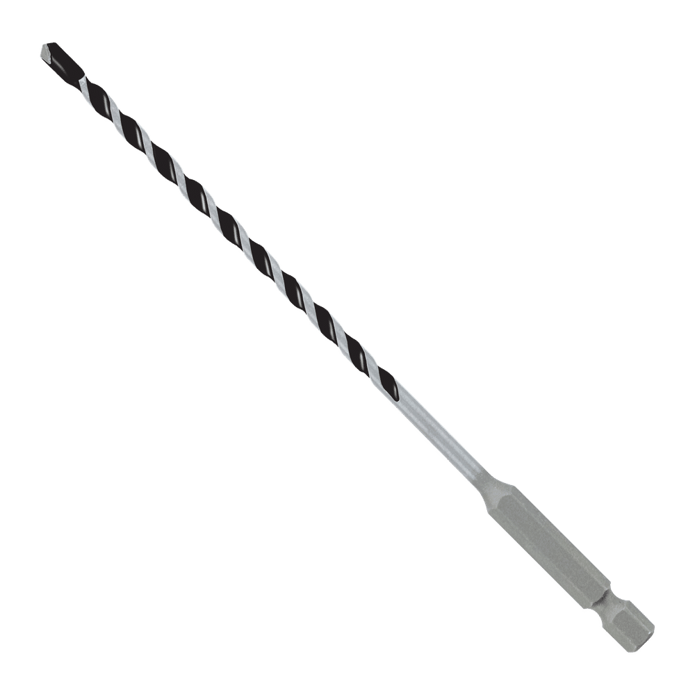 The Diablo DMAMM1020 5/32 in. x 4 in. x 6 in. Multi-Material Carbide-Tipped Hammer Drill Bit, featuring a helical metal design with black and silver stripes, is shown against a plain white background, narrowing towards the tip and suitable for drilling into various materials.