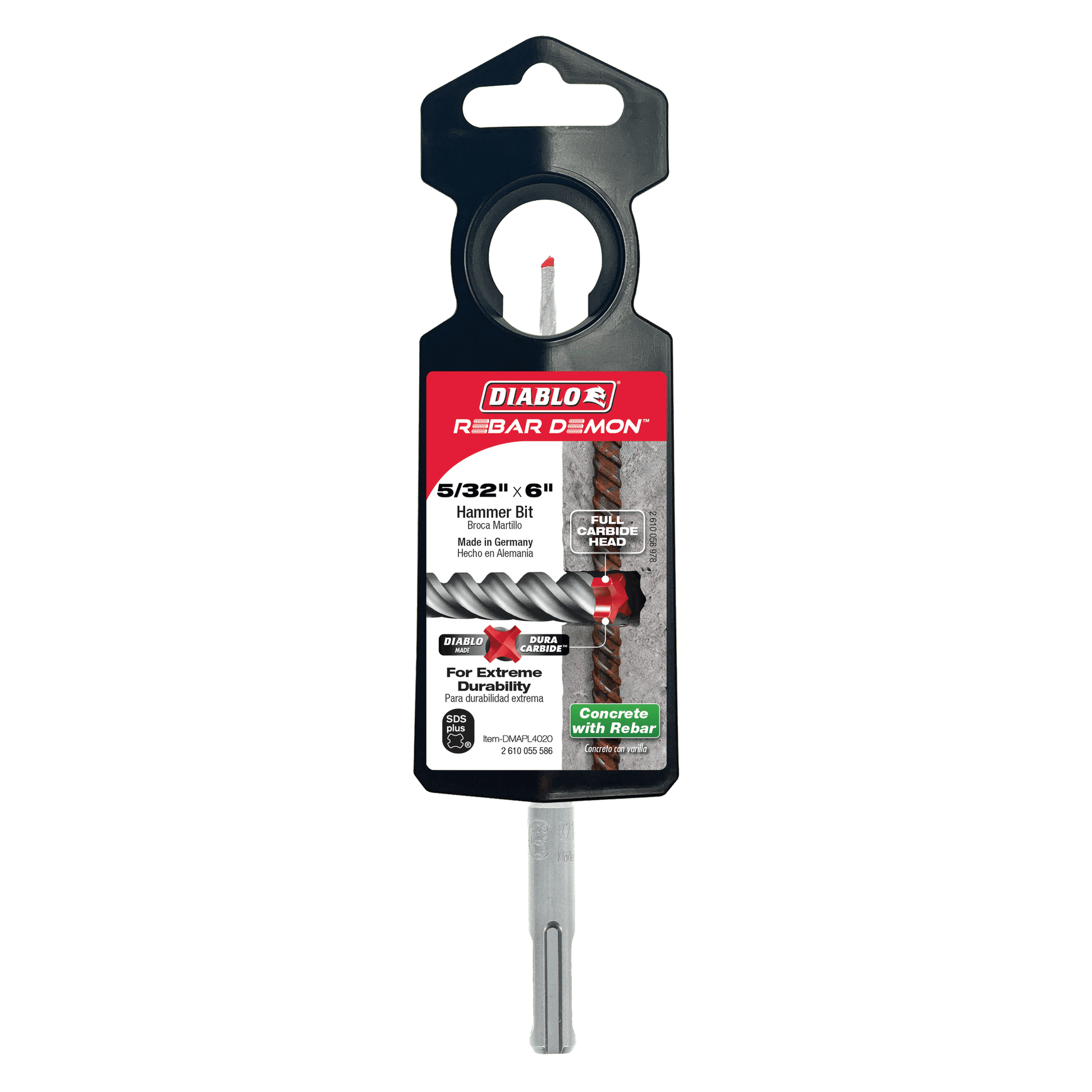 The silver DIABLO DMAPL4020 Rebar Demon™ 5/32 in. x 6 in. SDS-Plus hammer drill bit features a red and black label, Dura-Carbide technology, and a pointed tip for optimal performance on concrete and rebar.