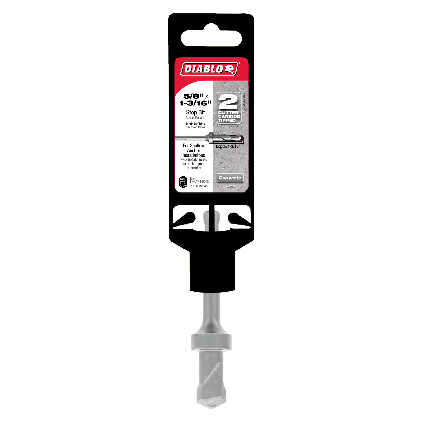 The DIABLO DMAST1040 5/8 in. x 1-3/16 in. SDS-Plus stop bit by Diablo features a two-cutter carbide-tipped design, making it ideal for concrete work. The visible metal shaft and hexagonal end ensure easy attachment.