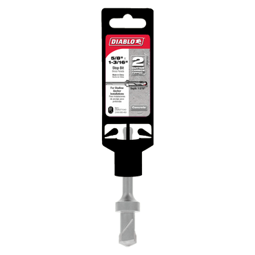 The DIABLO DMAST1040 5/8 in. x 1-3/16 in. SDS-Plus stop bit by Diablo features a two-cutter carbide-tipped design, making it ideal for concrete work. The visible metal shaft and hexagonal end ensure easy attachment.