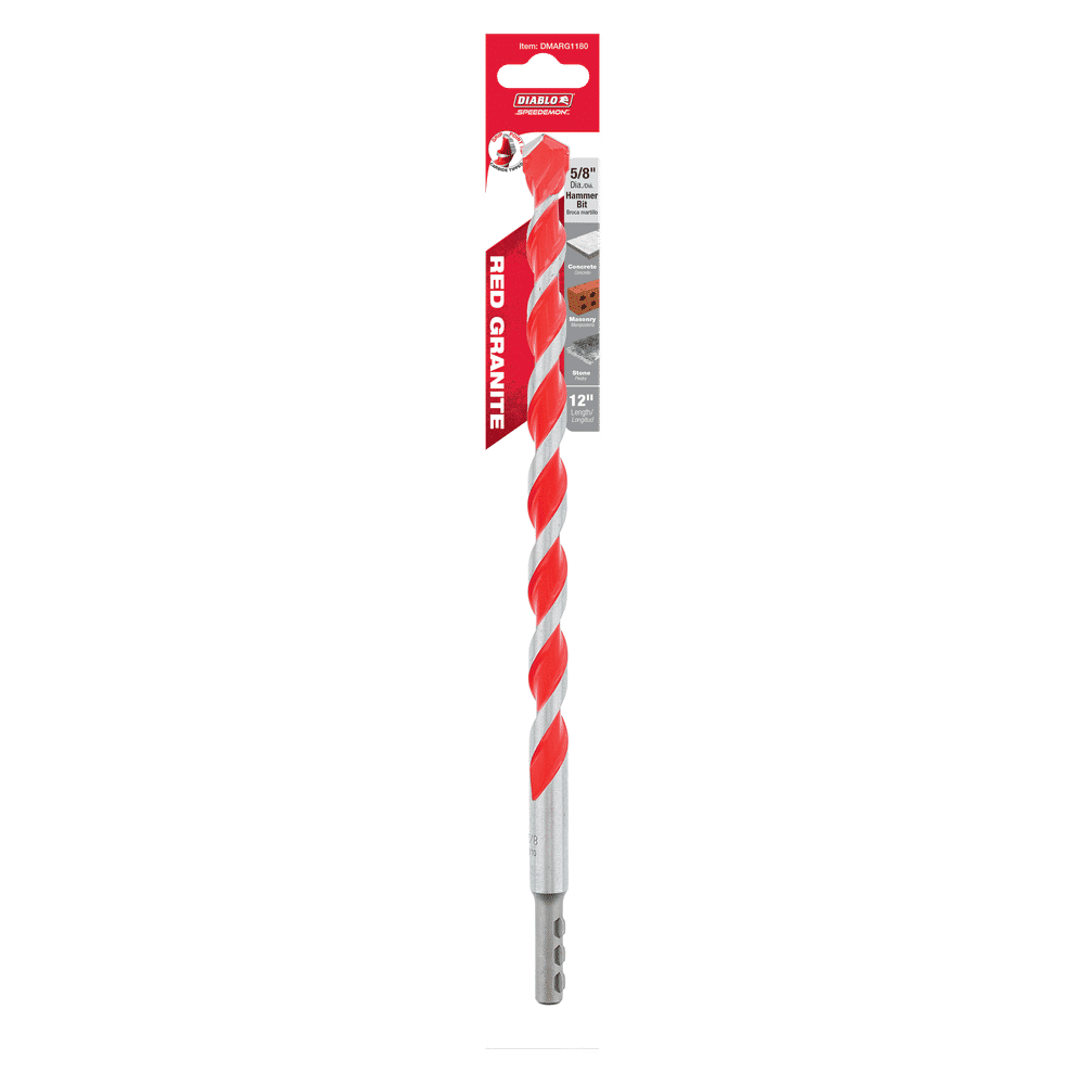 The DIABLO DMARG1180 SPEEDemon™ Red Granite carbide-tipped hammer drill bit, branded Diablo with red and white stripes, is sized 5/8 x 10 x 12. It features a multi-ground Grip Point tip for concrete, masonry, and stone drilling.