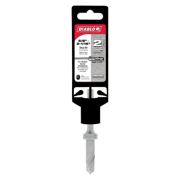 Image of a DIABLO DMAST1050 5/8 in. x 2-1/16 in. SDS-Plus step bit with carbide-tipped precision, showcased in red and black packaging, featuring a 2-cutter head design for optimal shallow hole installations in metal and concrete, ensuring durability and performance.