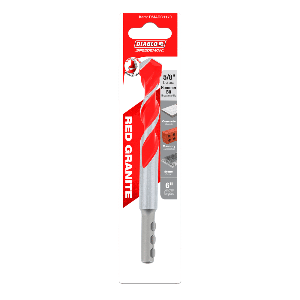 The DIABLO DMARG1170 SPEEDemon™ Red Granite 5/8 x 6 hammer drill bit from Diablo features a red spiral design and carbide tip, ideal for masonry drilling in concrete, brick, and block.