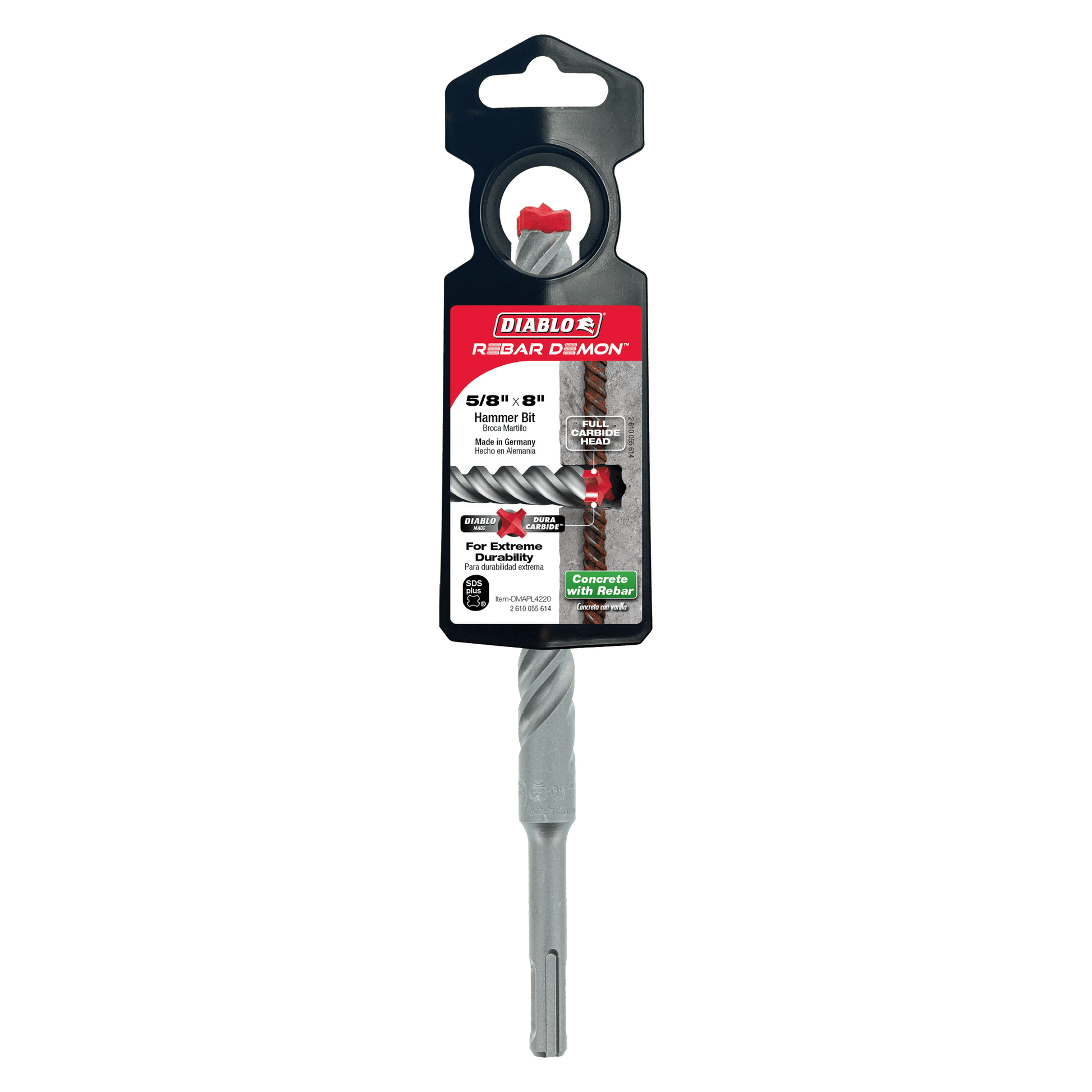 The packaging showcases the Diablo DMAPL4220 5/8 in. x 6 in. x 8 in. Rebar Demon™ SDS-Plus hammer drill bit with a full carbide head for enhanced durability and performance, visible through a clear section to highlight its superior quality.