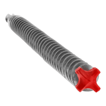 Isolated on a green background, the metallic DIABLO DMAPL4220 5/8 in. x 6 in. x 8 in. Rebar Demon™ screw with its vibrant red cross-shaped head sits diagonally, showcasing its full-carbide head and threading extending into the distance.