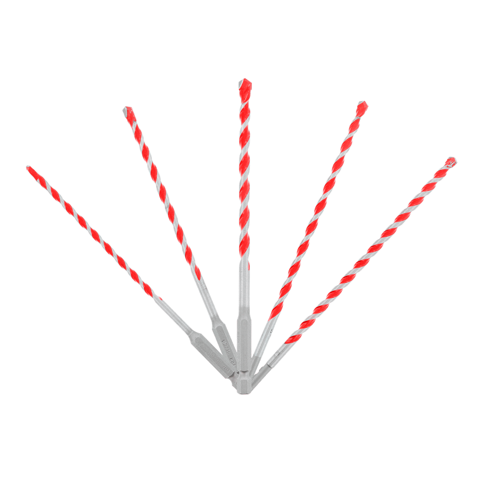 Five DIABLO DMARG1220-S5 SPEEDemon™ hammer drill bits, featuring red granite carbide tips, are arranged in a fan shape against a white background.