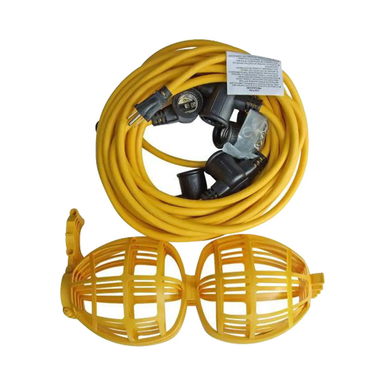 The AMMO AMMO5278 100 ft. yellow extension cord with black sockets and plugs, including two yellow protective bulb cages, offers an ideal temporary light source.