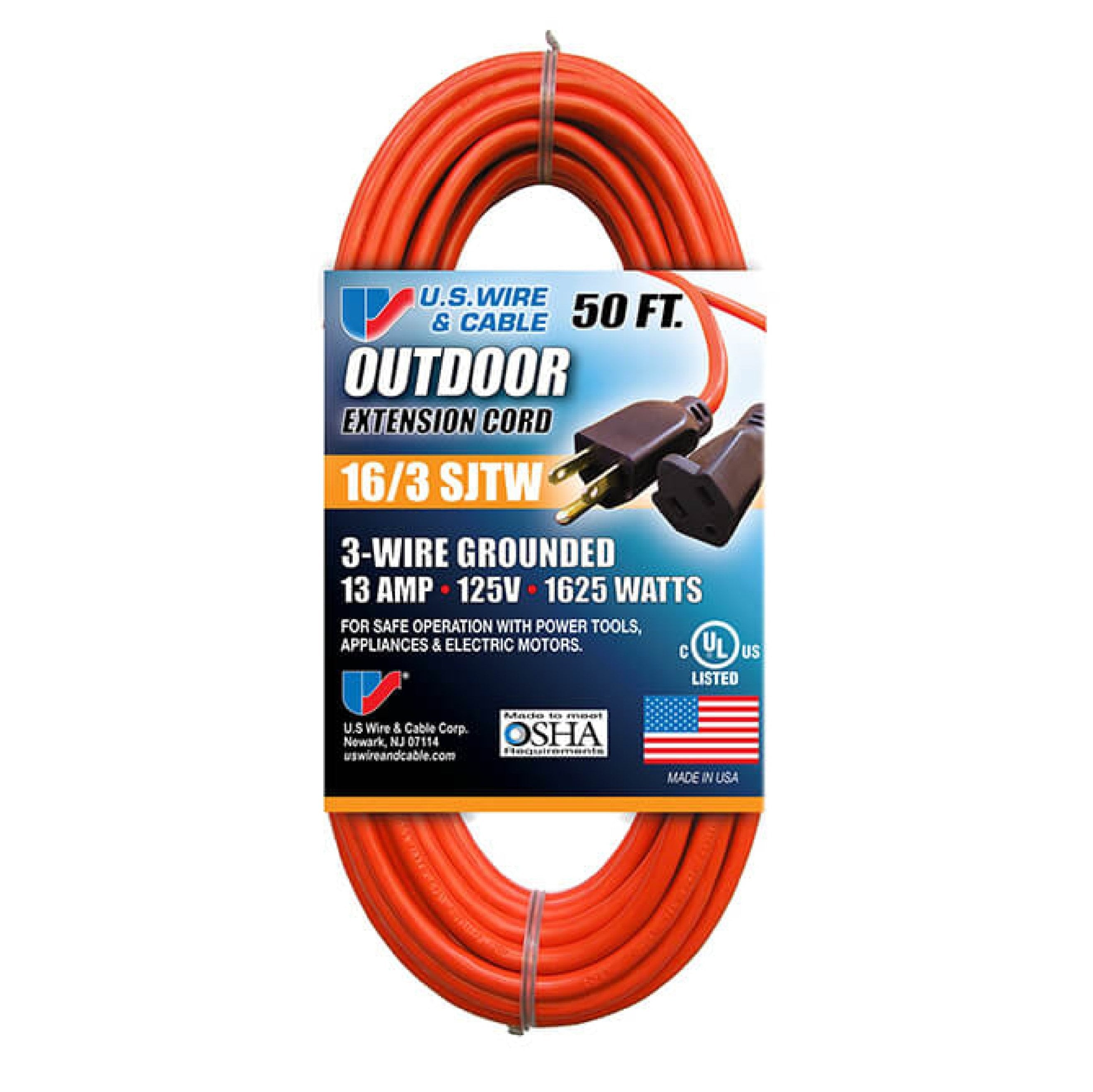 An orange 50-foot extension cord with a coiled design and a three-prong plug. Label reads: USW, 16/3 SJTW, 13 Amp, 125V, 1625 Watts, 3-Wire Grounded, UL Listed, OSHA. Suitable for both indoor and outdoor use with power tools and electric motors. Made in the USA.

Product Name: USW 60050 Orange 50 ft. Extension Cord Indoor/Outdoor 13A