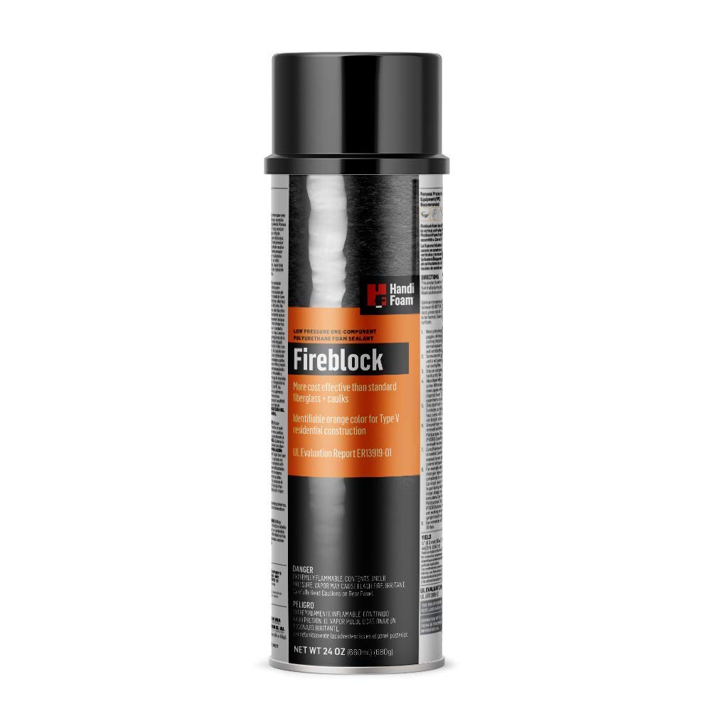 The HANDIFOAM P30033 Spray Foam Sealant FireBlock is a polyurethane foam can with an orange label and black cap, designed for residential Type V construction connections to prevent flame spread. It includes safety info below and has a net weight of 24 oz.