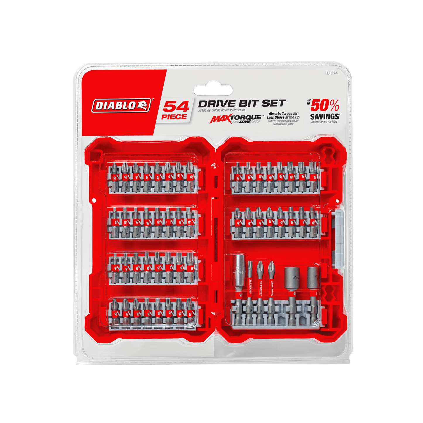 Image of the DIABLO DSC-S54 54-Piece Screwdriving Set in a red case, featuring Max Torque technology and 50% savings. The sets bits boast an optimized tip design and are neatly organized in various shapes and sizes for different screw heads.