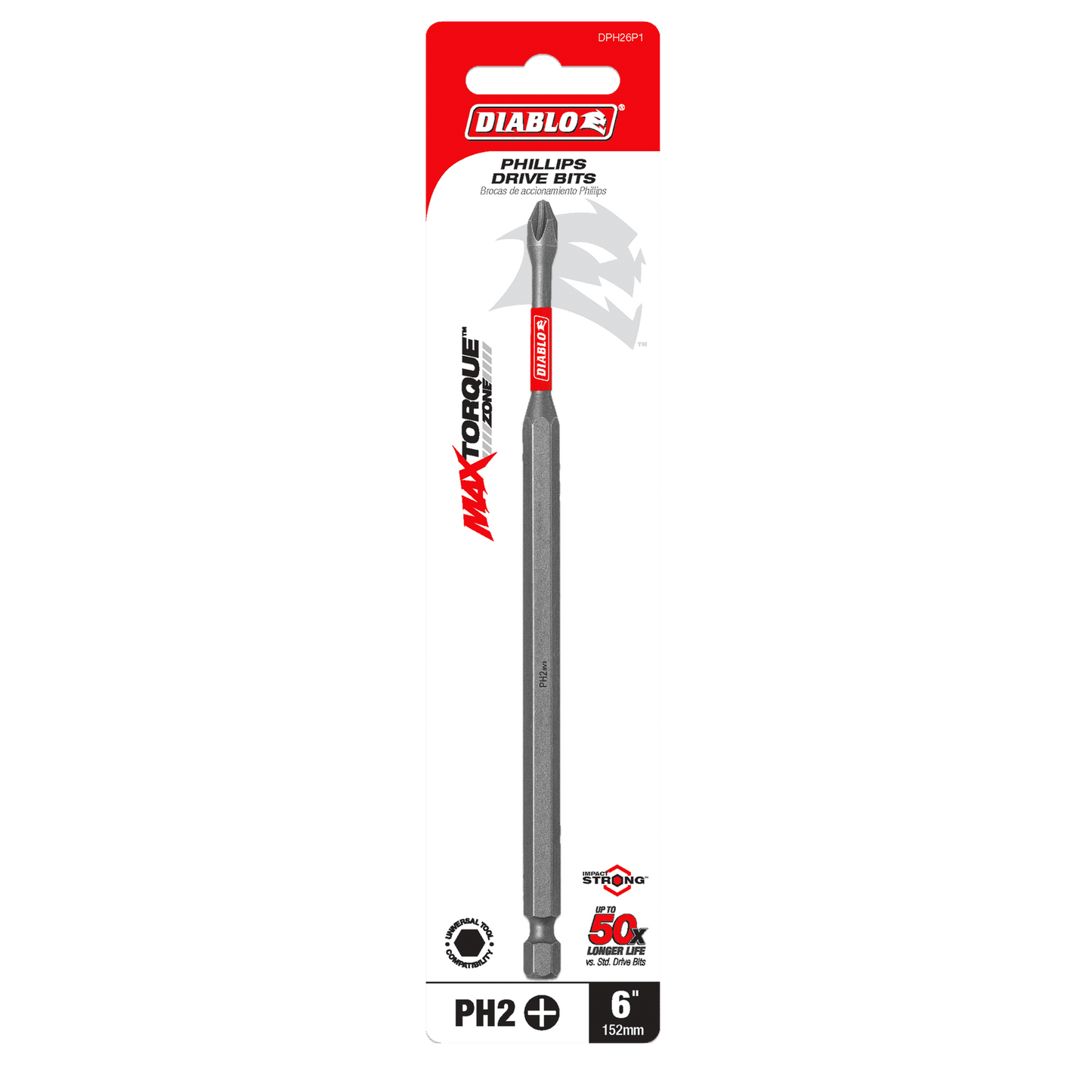 The Diablo DPH26P1 6 in. #2 Phillips Drive Bit package emphasizes Max Torque and the MaxTorque Zone for strength, with a red logo on a mostly white background with red accents, promoting durability similar to Torx bits.