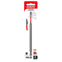 The Diablo DPH26P1 6 in. #2 Phillips Drive Bit package emphasizes Max Torque and the MaxTorque Zone for strength, with a red logo on a mostly white background with red accents, promoting durability similar to Torx bits.