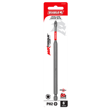 The Diablo DPH26P1 6 in. #2 Phillips Drive Bit package emphasizes Max Torque and the MaxTorque Zone for strength, with a red logo on a mostly white background with red accents, promoting durability similar to Torx bits.