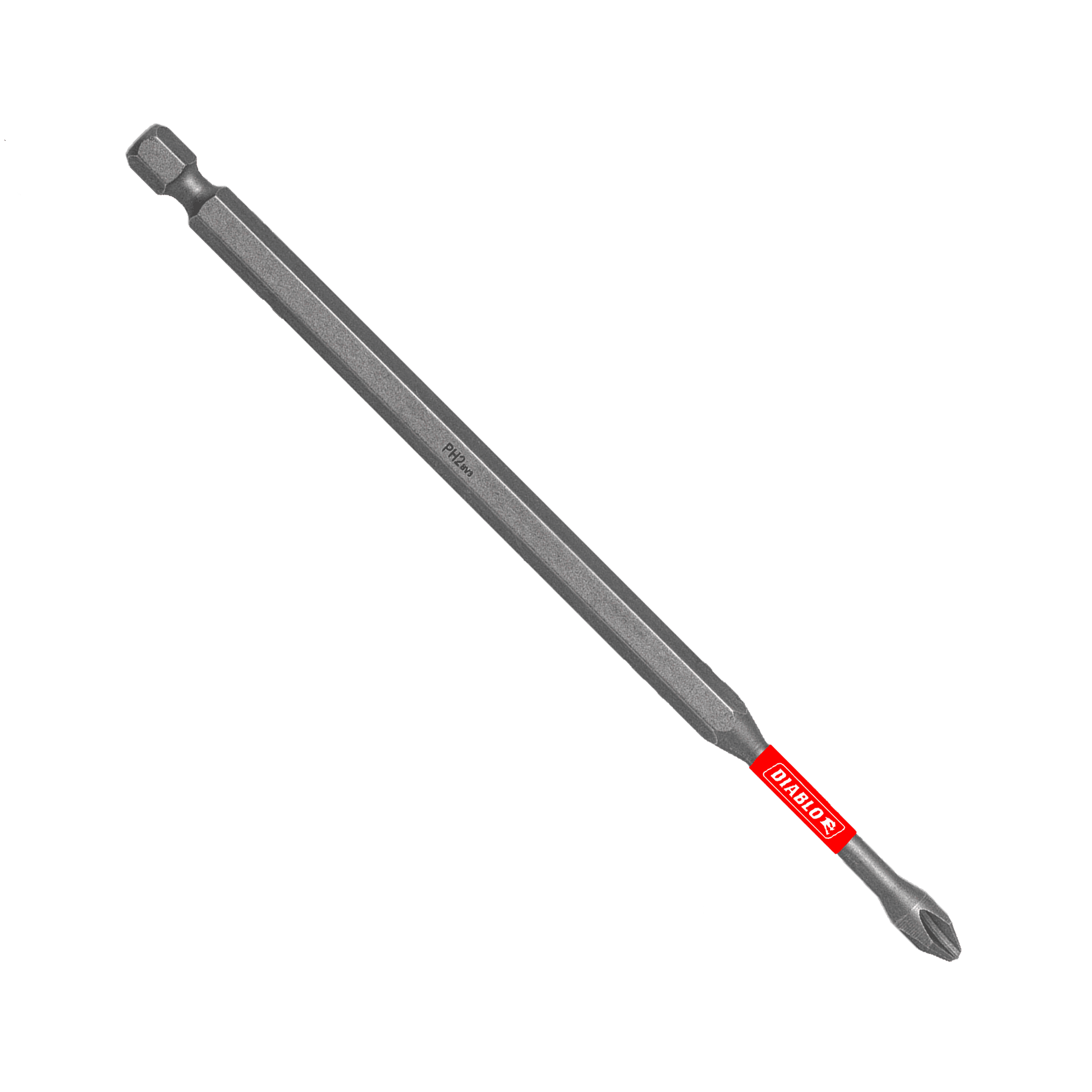 The DIABLO DPH26P1 6 in. #2 Phillips Drive Bit by Diablo features a long metallic hexagonal base and Phillips head. It has PH2 and 1/4×100mm etched along its shaft with MaxTorque Zone for superior grip, plus a red label with white text near the tip.