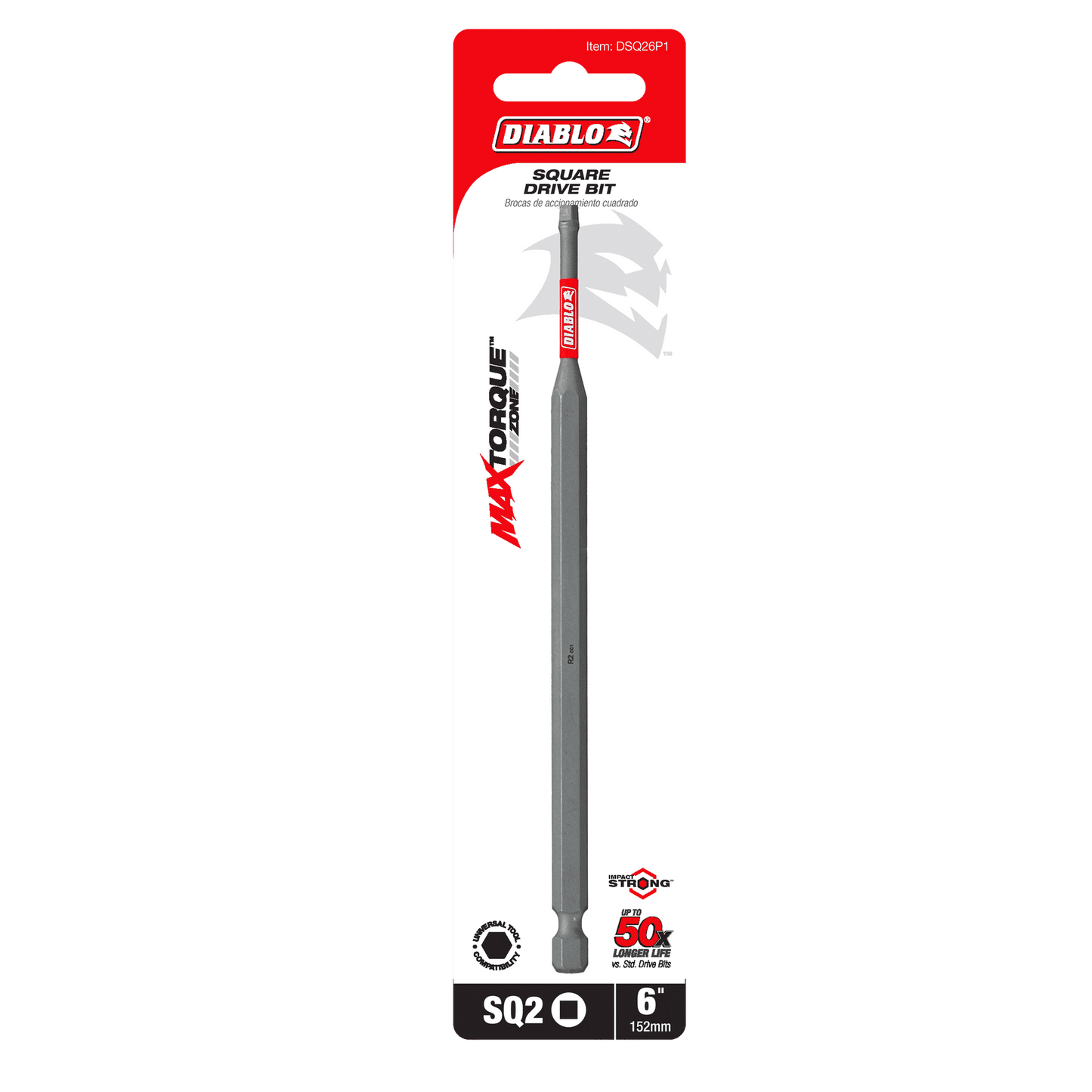 The Diablo DSQ26P1 6 in. #2 Square Drive Bit, with a Torque Resistant Design and Impact Strong™ technology, sports the MAXTORQUE branding and guarantees 50x longer life. This durable gray bit, featured under product code D622PB1, is ideal for precision-demanding tasks.