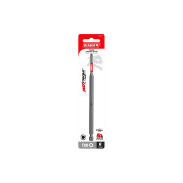 A red and white package contains a Diablo DT206P1 6 #20 Torx drive bit designed for metal cutting, featuring MaxTorque Zone for enhanced impact resistance alongside product information and branding.