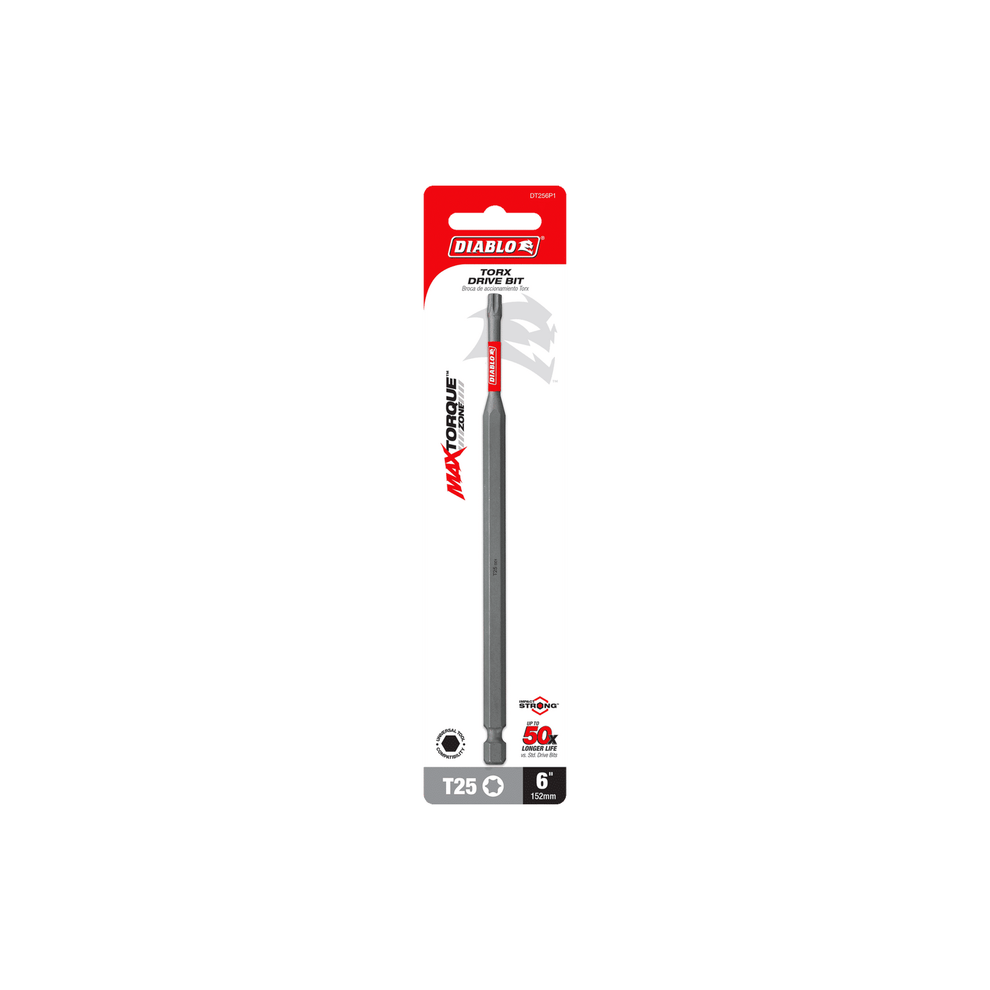 The image features a Diablo DIABLO DT256P1 6 in. #25 Torx Drive Bit, emphasizing Impact Strong™ technology and a MaxTorque Zone with striking red and black accents on a white background.