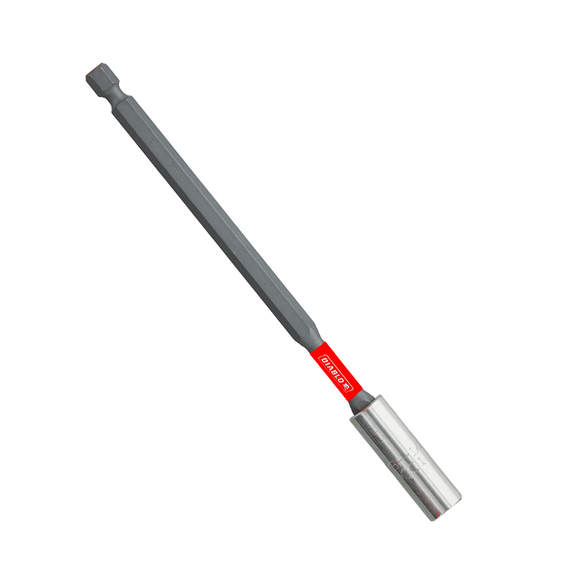 The DIABLO DBH600 6 in. Magnetic Drive Bit Holder by Diablo features an elongated hex bit with a gray shaft, a red sleeve near the base, and a metallic bit head for power drills. With Impact Strong technology, it guarantees durability and precision in every task.