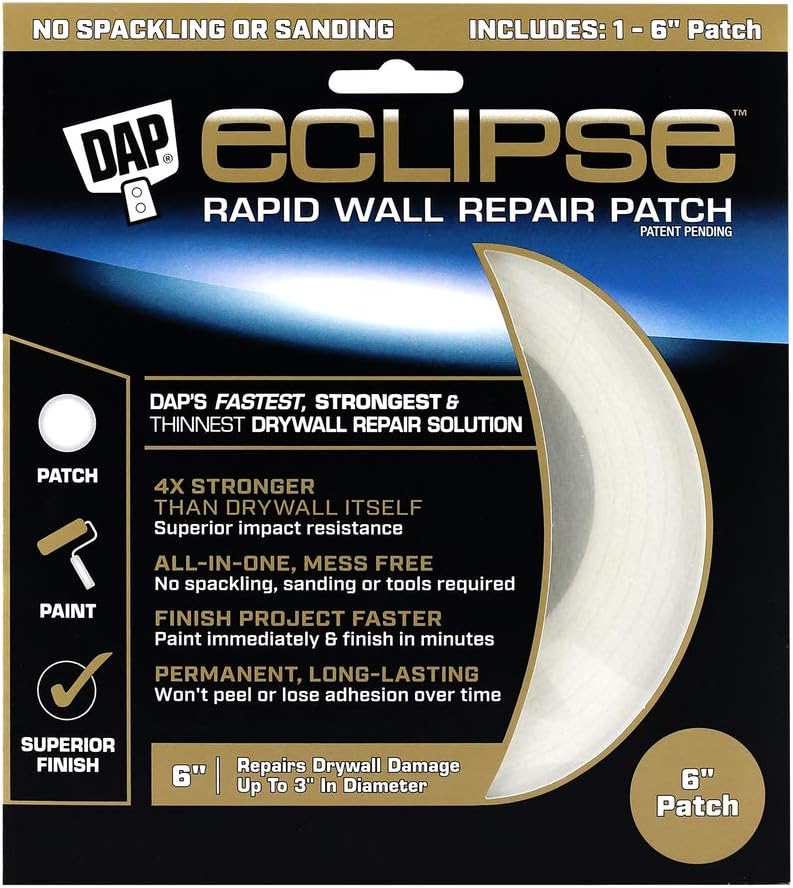 The DAP 50403 Eclipse Rapid Wall Repair Patch features an impact-resistant finish, requires No Spackling or Sanding, is 4x Stronger Than Drywall, and has a 6-inch patch size, making it ideal for seamless drywall repairs and a superior finish.