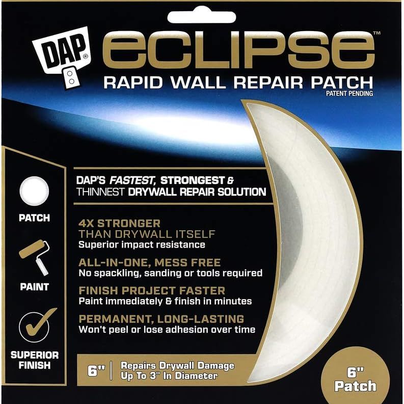 The DAP 50403 Eclipse Rapid Wall Repair Patch features an impact-resistant finish, requires No Spackling or Sanding, is 4x Stronger Than Drywall, and has a 6-inch patch size, making it ideal for seamless drywall repairs and a superior finish.